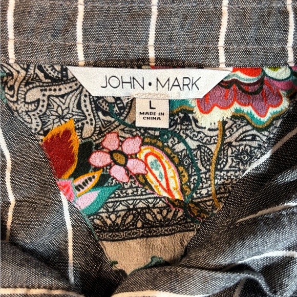 John Mark Button Down Shirt L Gray Striped Floral Trim Artsy Boho Top - Picture 6 of 7